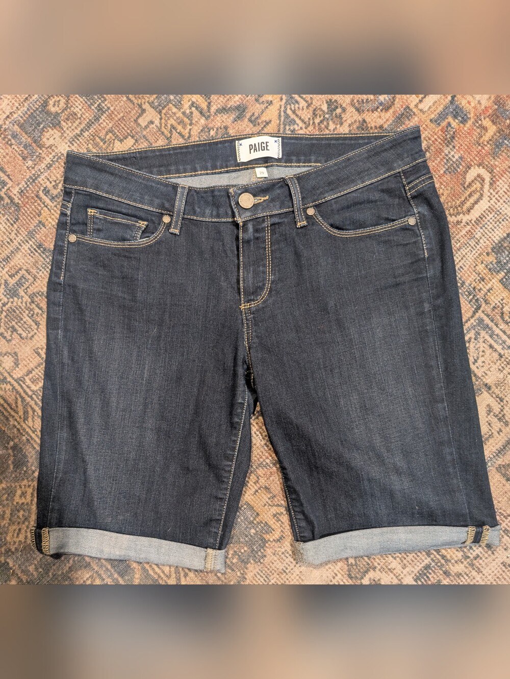 PAIGE Jax Knee Shorts 29 Mazetti Dark Wash Denim Bermuda Jean Shorts